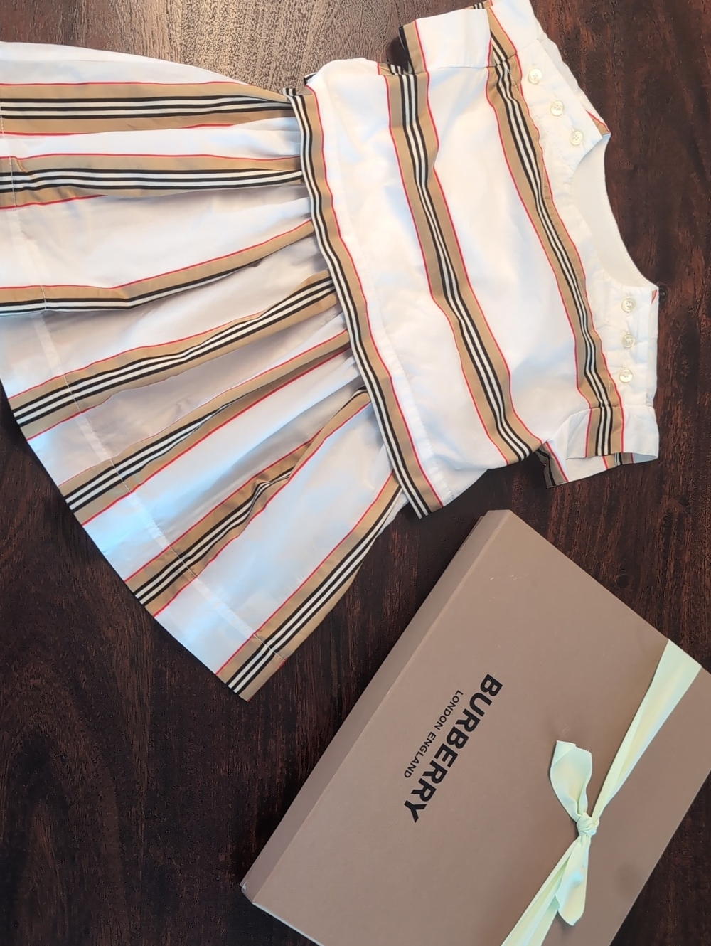 Burberry White Girls Dress with Beige, Black and Red Stripes
